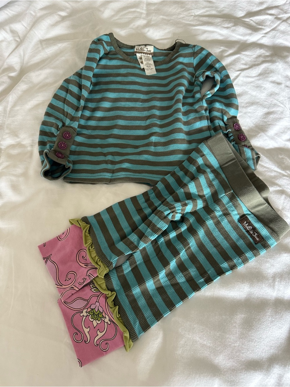Matilda Jane Teal & Olive Striped Girls Pajama Set with Pink Ruffle